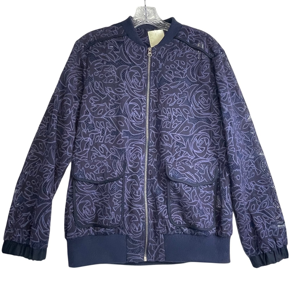Anthropologie Elevenses Bomber Jacket‎ Women's Small Navy Embroidered Floral Zip